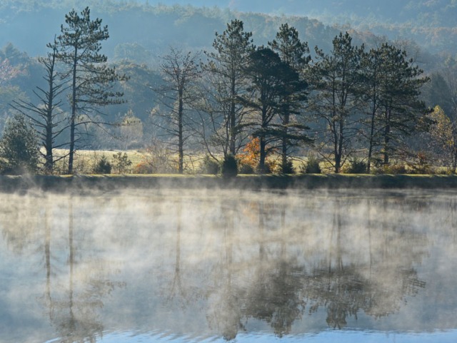 steam rising on pond